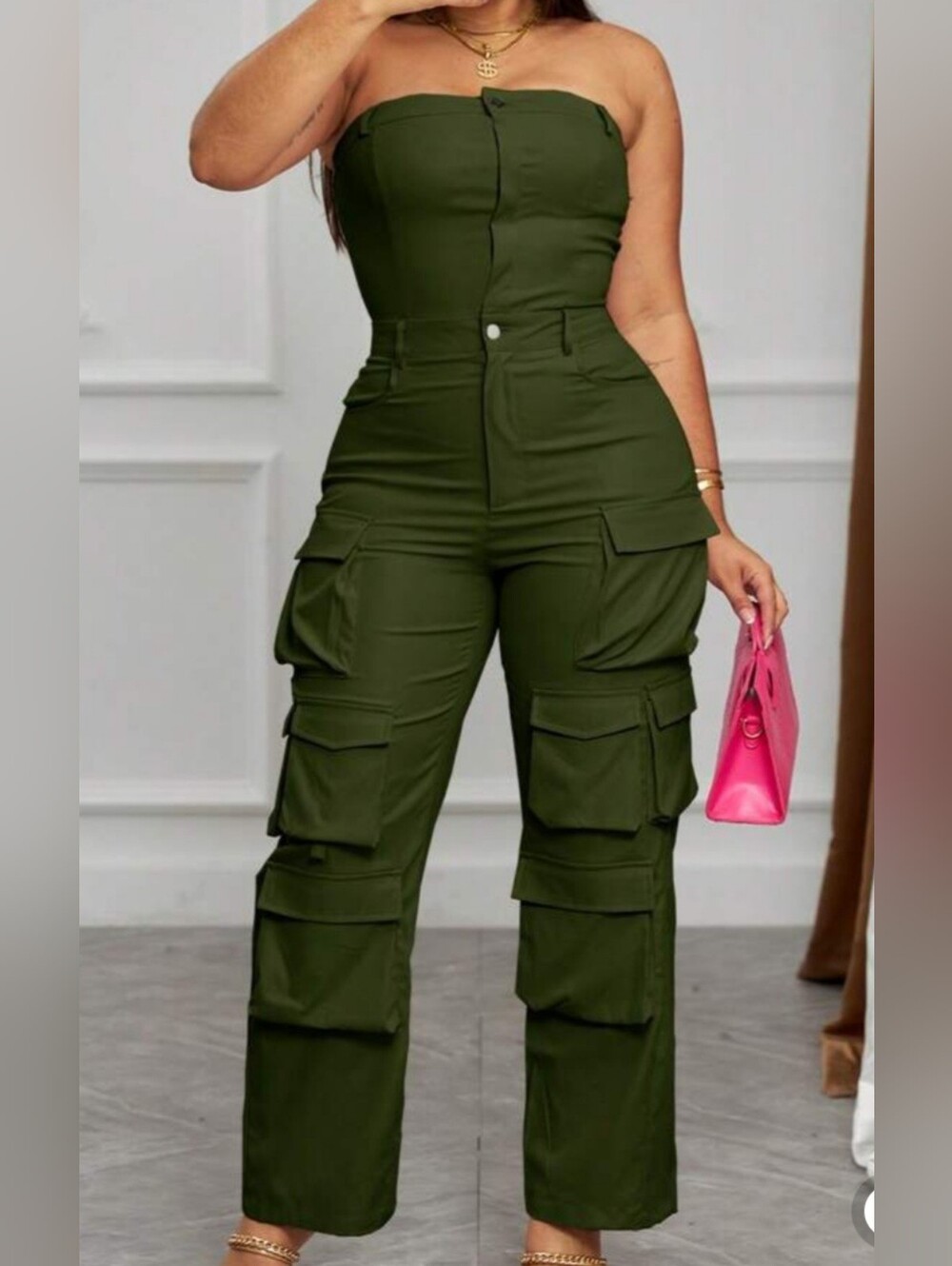 Strapless Olive Green Cargo Jumpsuit for Women